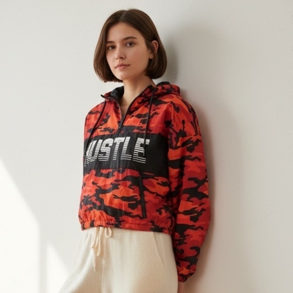 Justify Woman,s HUSTLE Red and Black Camo Crop Wind Breaker Jacket